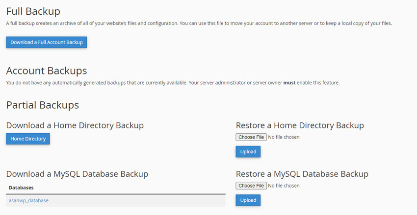 گزینه‌های بکاپ و بازگردانی در سی پنل Cpanel