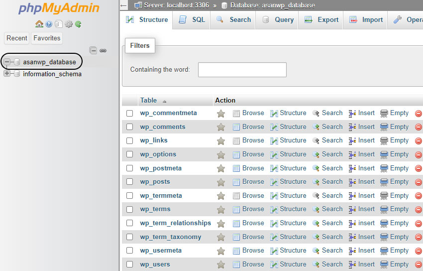 دیتابیس‌ها در phpMyAdmin