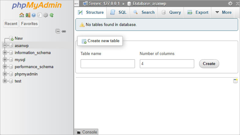 پایگاه داده جدید در phpMyAdmin