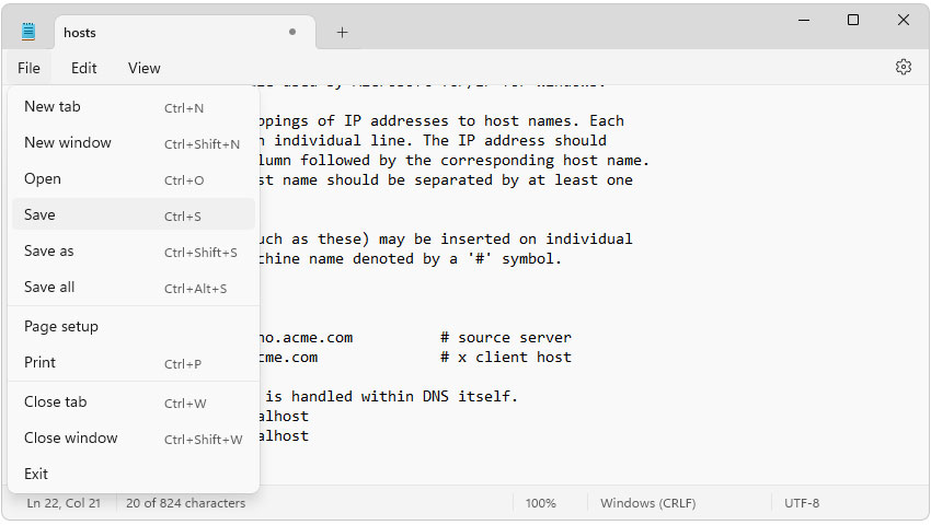 ذخیره فایل hosts در Notepad