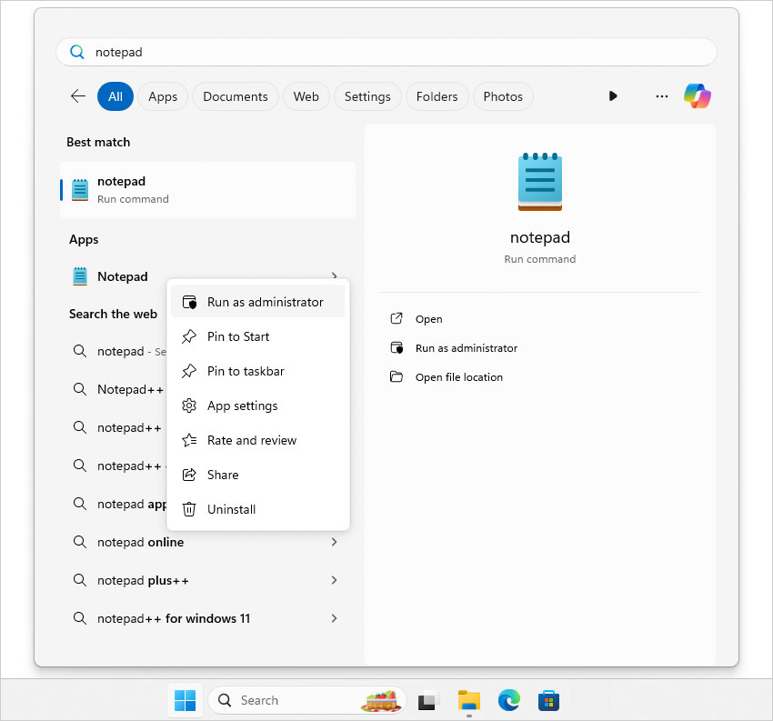 اجرای نرم افزار Notpad با دستور Run as Administrator